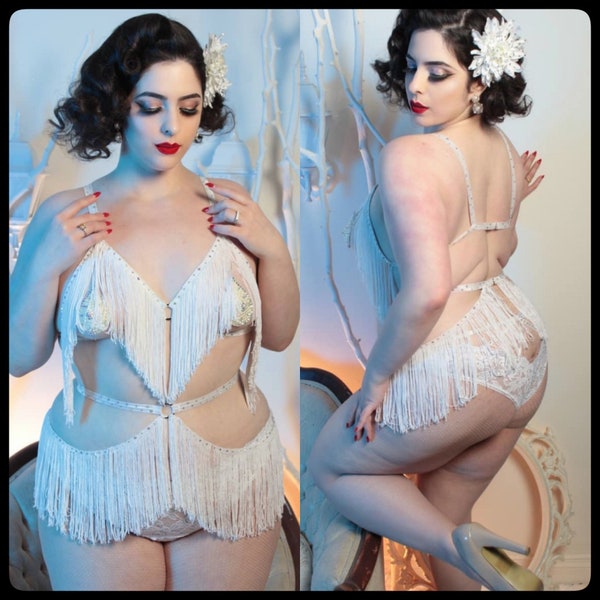 The Original Classic Delilah Shimmy Fringe Burluxe Cage Bra and Belt Burlesque Costume