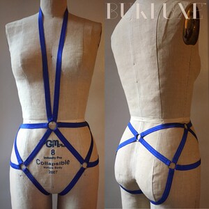 Combishort Evelyn Burluxe avec harnais licou burlesque ou boylesque élastique avec culotte cage Cobalt Blue