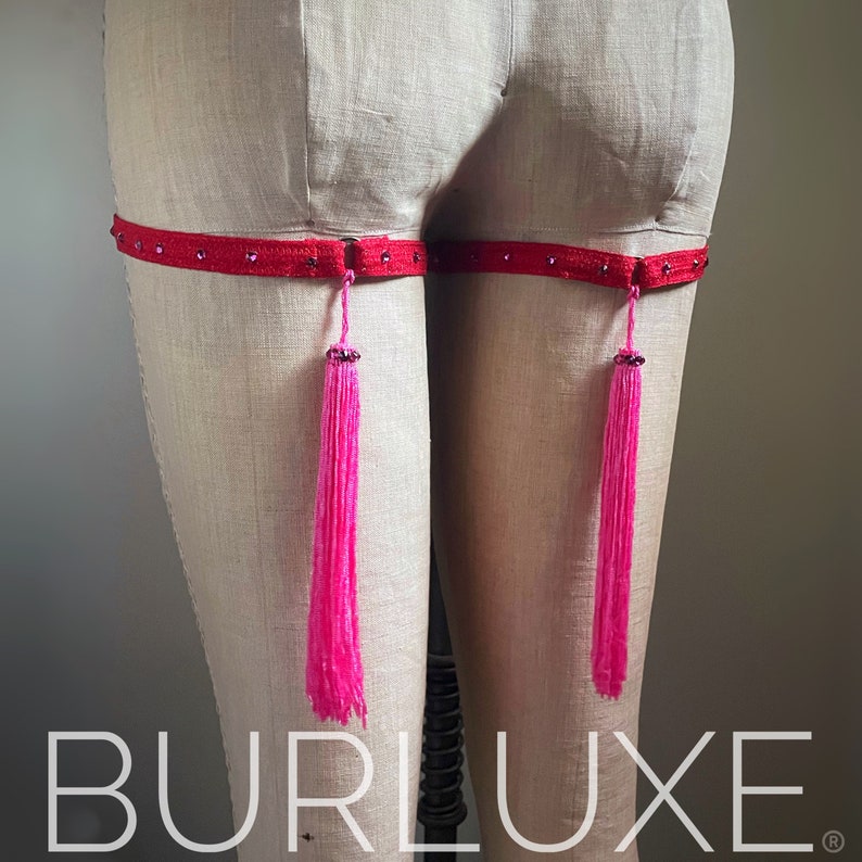 The Original Burluxe Tassel Garter Butt Straps with Tassels and Swarovski Crystals Burlesque Elastic Leg Harness Pair image 6