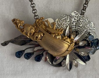 Upcycled Statement Noah’s Ark Necklace with Vintage Floral and Rhinestone Brooches Sold As Is