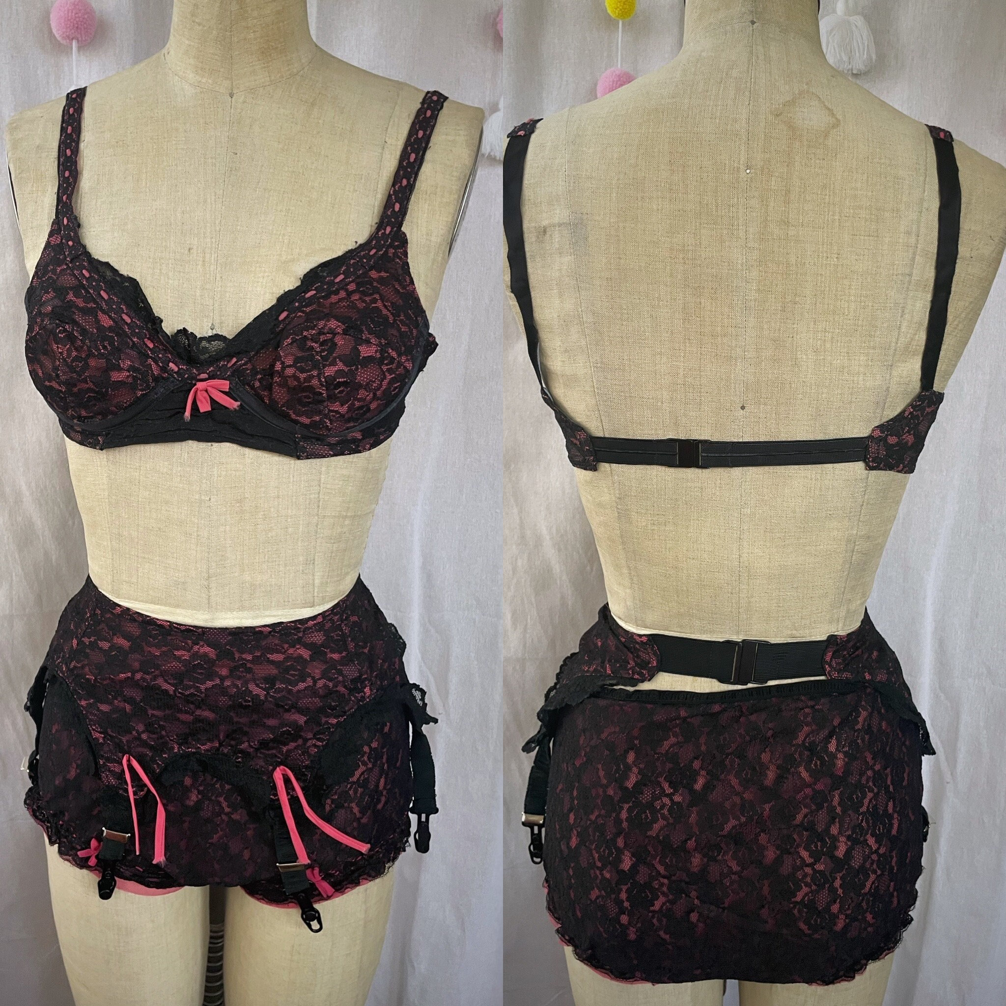 La Vie en Rose Bralette Set Small Medium G-String Skirt Black Lace Diamante