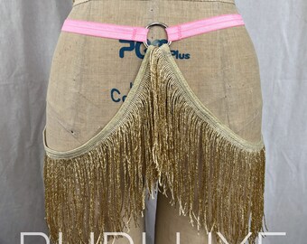 Sample Sale Delilah Shimmy sparkly gold Fringe pink Burluxe Belt Burlesque Costume