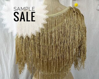 Sample Sale Rhiannon gold Fringe Cage Shrug Shimmy Bolero Burluxe cape with sparkly elastic detail