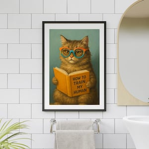 面白い猫のアート、面白い猫、本を読む猫、バスルームの面白いポスター、面白い壁アート、デジタル壁アート、ユーモラスなペット、ポジティブなアート、猫