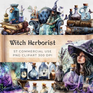 Witchy Herborist green and purple Cliparts, Digital stickers, potions, grimoires magiques, vintage aquarelle, 47 PNG 300 dpi, commercial use