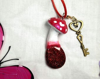 Magic Red Gem Mushroom Necklace with Key Charm