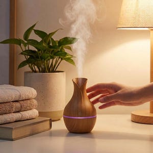 May include: A wood-grain finish essential oil diffuser with a tulip-shaped top, emitting a steady stream of mist. The device features a circular power button and a glowing purple light band around its base, resting on a flat surface.