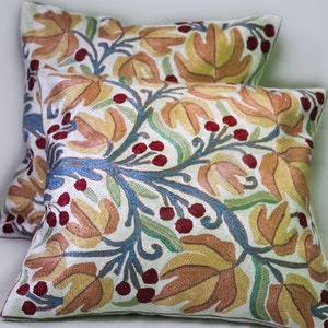 Handmade Cushion Cover with Eco-Silk Leaf Embroidery – Rustic Nature-Inspired Pillow Cover, Autumnal Decor Accent, Boho Living Room Decor