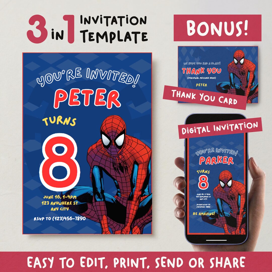 Editable Spidey Birthday Invitation Template Superhero Party Invite ...