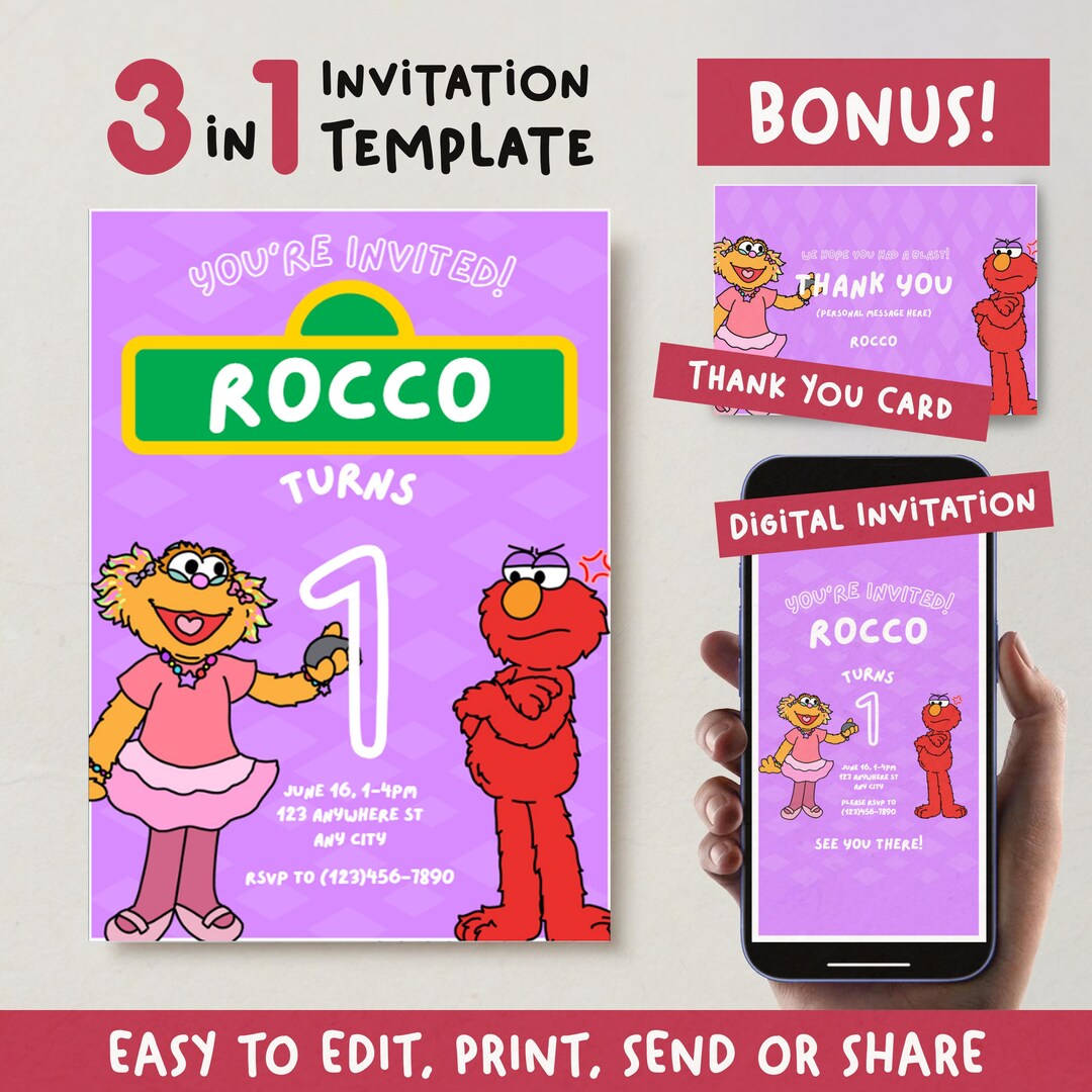 Editable Elmo Rocco Birthday Invitation Template Sesame Street Party ...