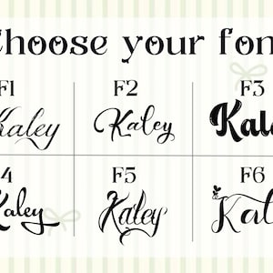 K&ouml;nnte beinhalten: Ein Bild mit der &Uuml;berschrift "Choose your font" und sechs verschiedenen Schriftarten f&uuml;r den Namen "Kaley". Die Schriftarten, von eleganten Schreibschriften bis zu fetten, modernen Buchstaben, sind mit F1 bis F6 gekennzeichnet.
