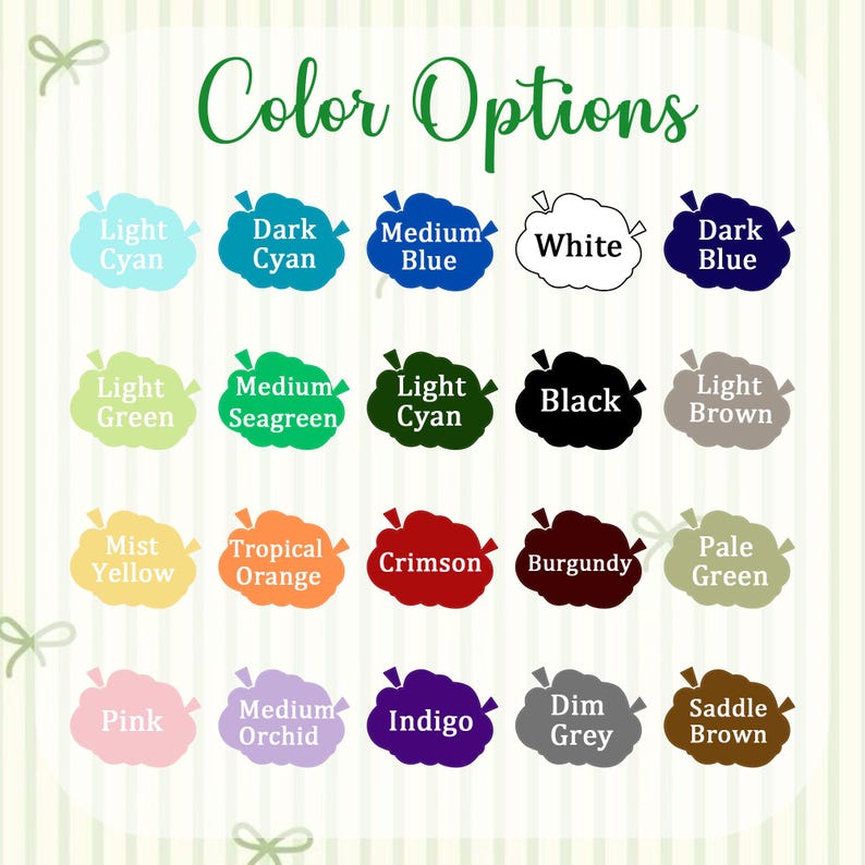 K&ouml;nnte beinhalten: Eine Grafik mit Farbauswahlm&ouml;glichkeiten und dem Text "Color Options" in gr&uuml;ner Schrift. Das Bild zeigt eine Vielzahl von Farben, darunter Light Cyan, Dark Cyan, Medium Blue, White und Dark Blue. Weitere Farben sind Light Green, Medium Seagreen, Light Cyan, Black und Light Brown.