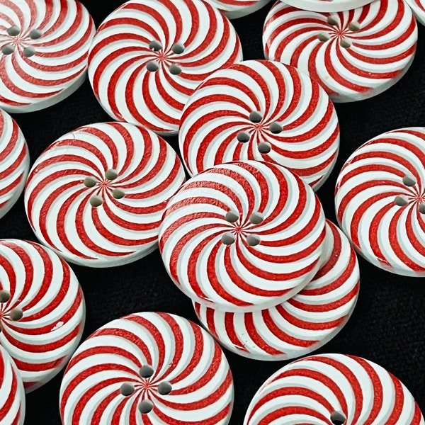 Gros boutons de Noël. Boutons festifs en canne de bonbon en rouge et blanc. 6, 12 ou 18 boutons en bois à quatre trous. Bricolage de Noël.