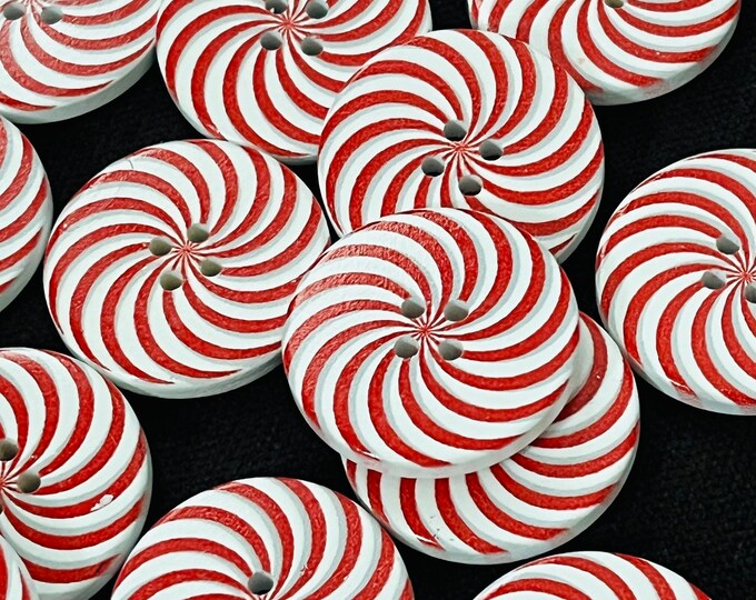 Large Christmas Buttons. Candy Cane Festive Buttons in Red and White. 6, 12 or 18 Wooden Four