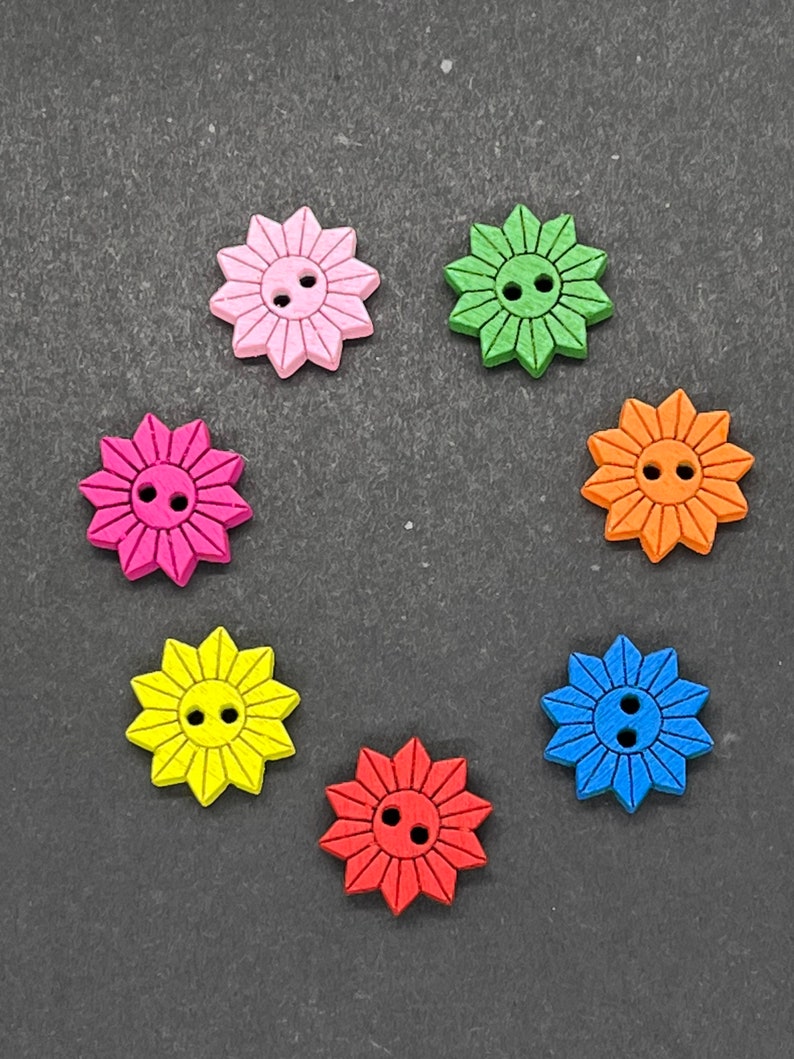 Set of 12 Rainbow Coloured Wooden Sunflower buttons. 15 mm Wooden Flower Buttons image 2