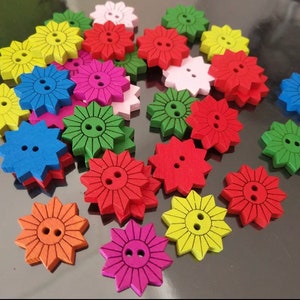 Set of 12 Rainbow Coloured Wooden Sunflower buttons. 15 mm Wooden Flower Buttons image 4