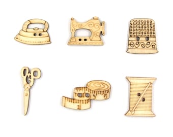 Sewing Themed Wooden Buttons, Craft Embellishments (18 pc)