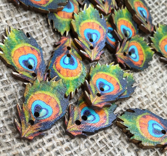 Beautiful Peacock Feather Wooden Sewing Buttons Vibrant - Etsy