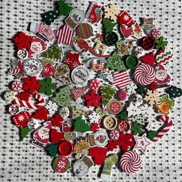 Christmas Button Mix - Festliche Weihnachtsknöpfe, hochwertige Holzknöpfe x 100. Nikolaus, Tannenbäume, Sterne, Rudolph, Zuckerstange, Glocken