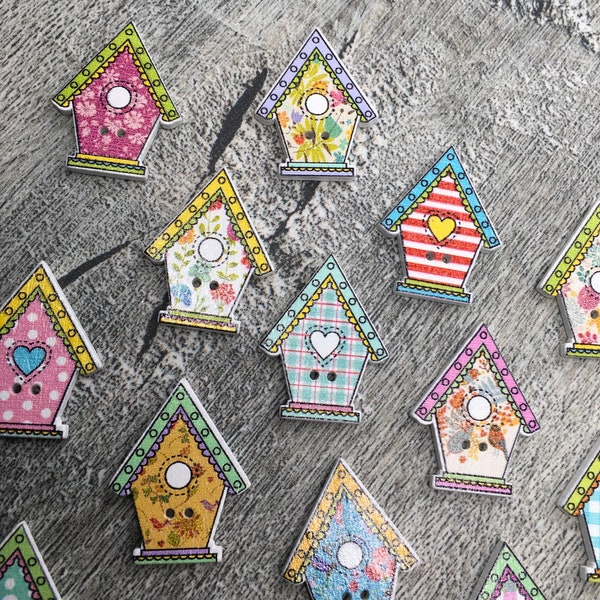 Colourful Bird House Wooden Buttons x 12, Nature, Bird Lovers, Gardening scrapbooking, invites, sewing, knitting, themed projects