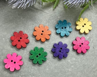 Rainbow Coloured Flower buttons. 22 mm x 8. Wooden Flower Buttons.