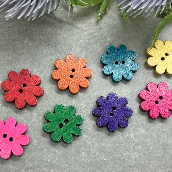 Rainbow Coloured Flower buttons. 22 mm x 8. Wooden Flower Buttons.