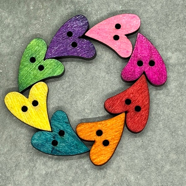 Set of 8 Rainbow Coloured Wooden Heart Buttons. 20 mm Wooden Heart Shaped Buttons