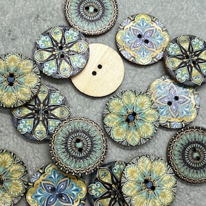 Natural Wood Bohemian Buttons. Blue Mandala Style Sewing Buttons 15, 20 or 25 mm x 10