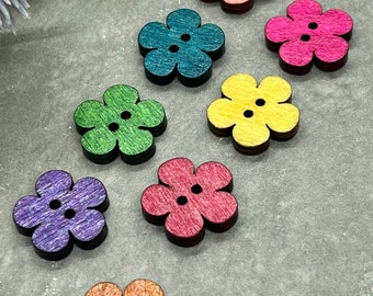 Set of 8 Rainbow Coloured Wooden Flower buttons. 20 mm Wooden Flower Buttons