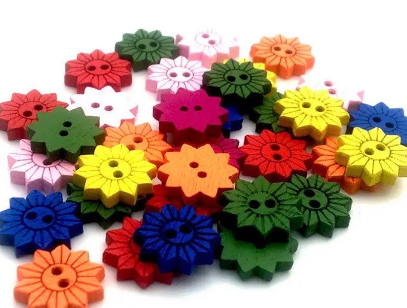 Set of 12 Rainbow Coloured Wooden Sunflower buttons. 15 mm Wooden Flower Buttons image 3