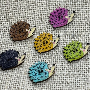 Wooden Hedgehog Sewing Buttons x 6 or 12. Colourful sewing buttons. Natural wood, nature craft and sewing projects.