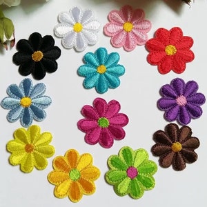 Small Flower Patch Applique With Yellow Centre Purple , Brown , Black ,  Green and Grey Daisy Flower Iron on Embroidered Badges 4cm Round 