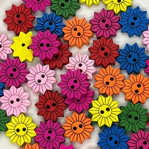 Set of 12 Rainbow Coloured Wooden Sunflower buttons. 15 mm Wooden Flower Buttons image 1