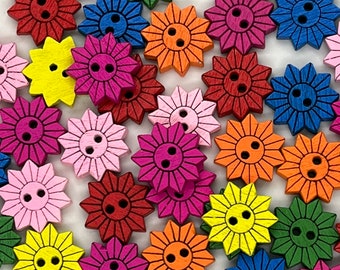 Set of 12 Rainbow Coloured Wooden Sunflower buttons. 15 mm Wooden Flower Buttons