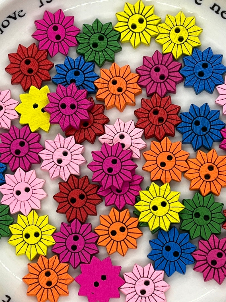 Set of 12 Rainbow Coloured Wooden Sunflower buttons. 15 mm Wooden Flower Buttons image 1