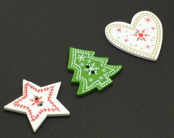 Scandinavian Wooden Christmas Buttons, Tree, Heart, Star (Set of 15)