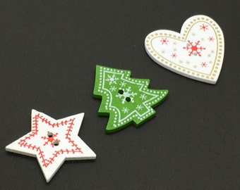 Scandinavian Style Wooden Christmas Buttons x 15, Christmas Trees, Stars, Hearts Cardmaking, Sewing projects, All of your festive projects.