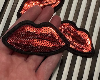 Sequin Lip Iron-On Patch – Glitter Red Embroidered Applique