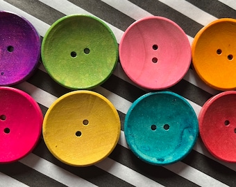 Extra Large 35mm Rainbow Coloured Wooden Buttons. Choose from a mixed set of 8 different coloured buttons or a set of 6 of the same colour.