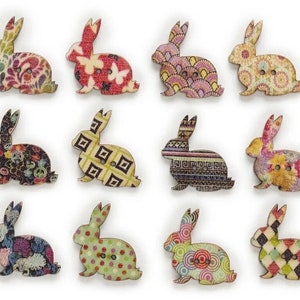 Wooden Easter Rabbit Sewing Buttons x 6 or 12. Colourful sewing buttons. Natural wood, nature craft and sewing projects.