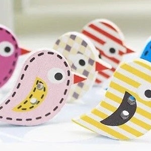 Little Birds Wooden Sewing Buttons x 12, colourful sewing buttons. White wood, nature craft and sewing projects.