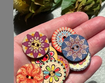 Natural Wood Bohemian Buttons. Vibrant Mandala Style Sewing Buttons 25 mm x 10.