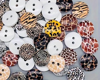 15mm Animal Print Wooden Buttons, Colorful Zoo Theme (Set of 15)