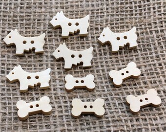 May include: A collection of light-colored wooden buttons in the shape of dogs and dog bones. The dog buttons have two holes for sewing and three dots to represent the dog's spots. The dog bone buttons also have two holes.
