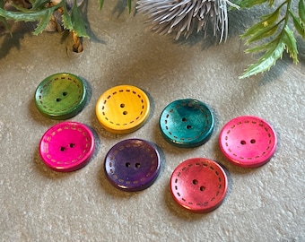 Set of 7 Rainbow Coloured Wooden Stitch Effect Buttons. 25 mm Rustic Wooden Design Buttons