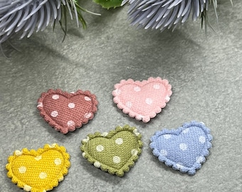 Padded Hearts. Polka Dot Printed Fabric Heart Appliqués - Mixed Bag of 12. Card making, Scrap booking, Hair Accessories, Sewing