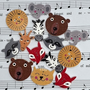 Set of 9 Animal Buttons, Wooden Zoo Buttons. Wildlife Wooden Buttons, lion, bear, elephant, fox, rabbit, zebra, raccoon, giraffe, cat.