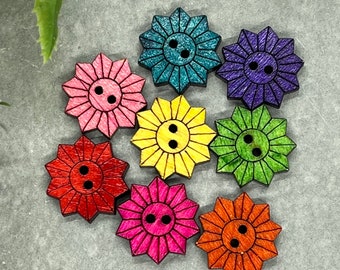 Set of 8 Rainbow Coloured Wooden Sunflower buttons. 20 mm Wooden Flower Buttons