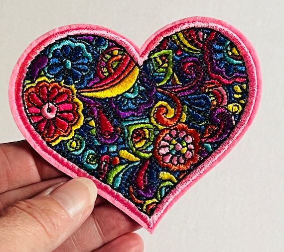 Heart Shaped Mandala Embroidered Iron on Patches. Extra Large 9 Cm 3.1  Colourful Floral Heart Shaped Iron On/sew on Clothing Patches. 