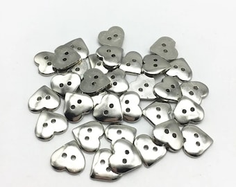 Silver Heart Shaped Resin Buttons x 12, Romantic, Valentines, Love, Knitting, Scrapbooking, Sewing Projects.